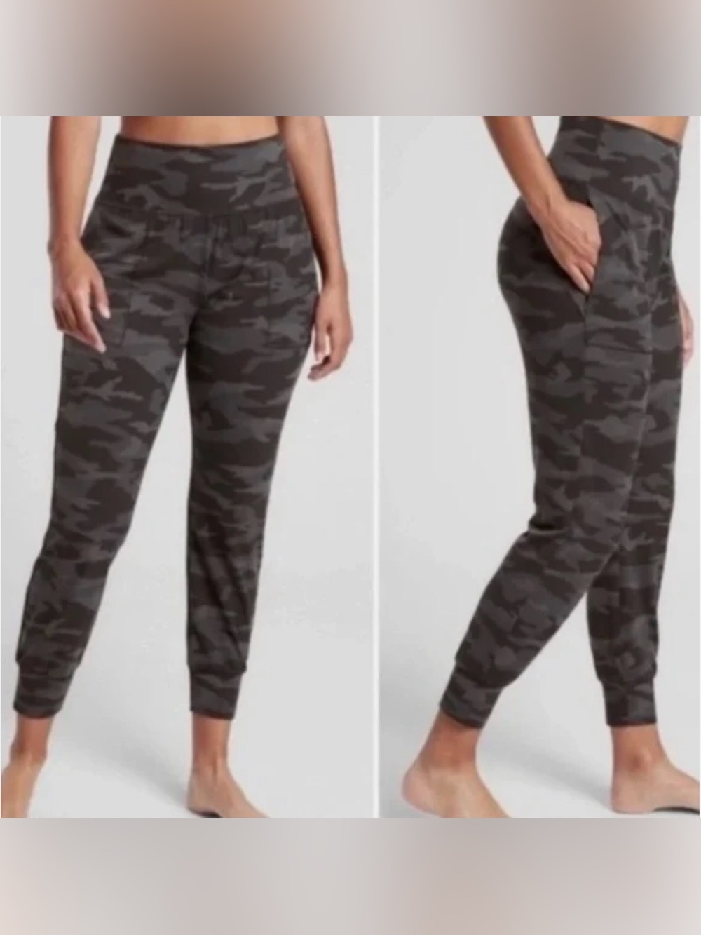 Athleta Salutation Camo Jogger Pants Small Petite Black Gray Powervita HR NWT